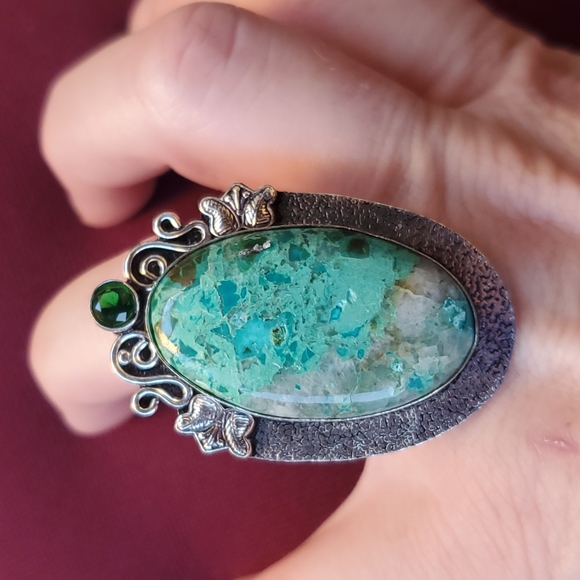 New Chrysocolla & Diopside 925 Silver Butterflies Statement Ring. - Picture 8 of 16